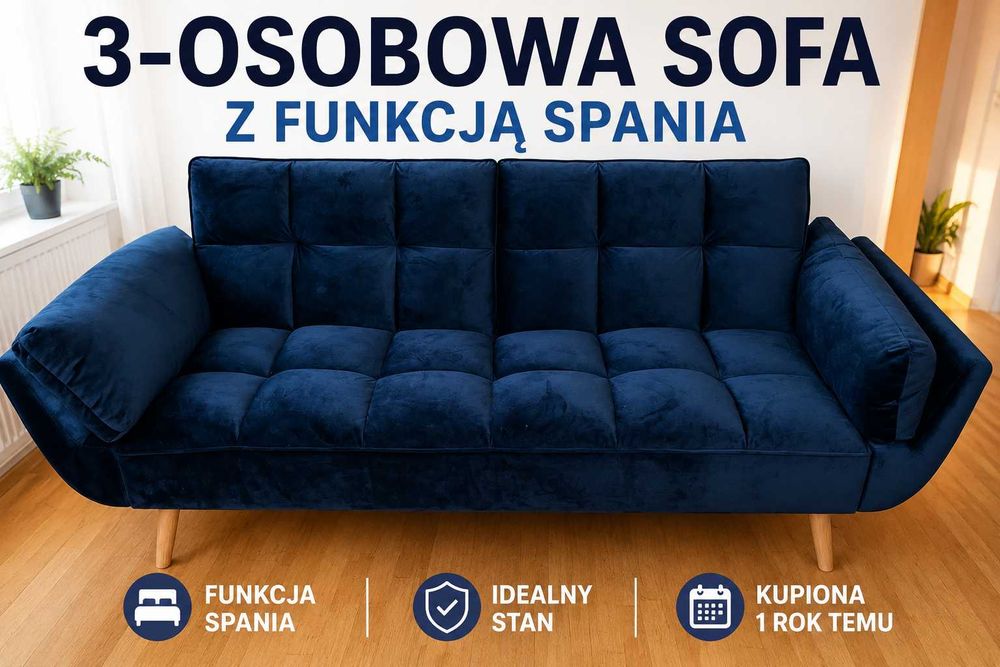 Sofa rozkładana dla 3 osób ASBY Welur Granatowy Beliani