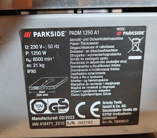 НОВ фуговально рейсмусовый станок GERMAN Parkside PADM 1250/рейсмусный