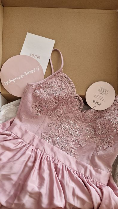 NOWA Sukienka pudrowy róż - satynowa z koronką rozmiar 38