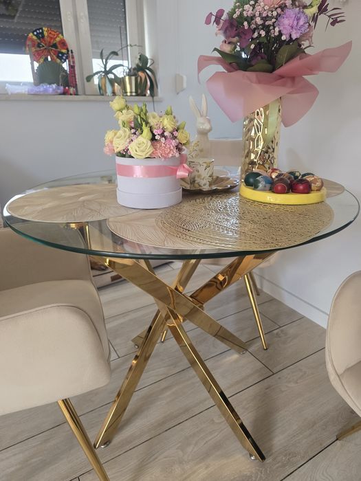 Stół szklany 90cm, złote nogi