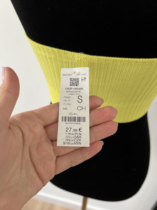 Żółta, krótka bluzka, crop top, biustonosz, stanik, prążki, Etam, S