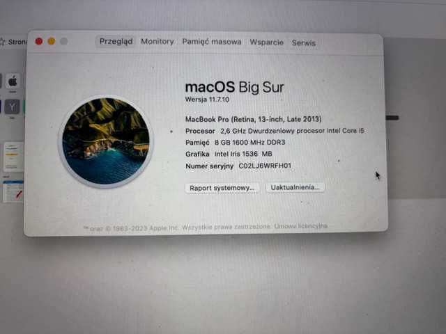 macbook pro 1502  256KB 3MB 8GB core i5 100% sprawny z ładowarką