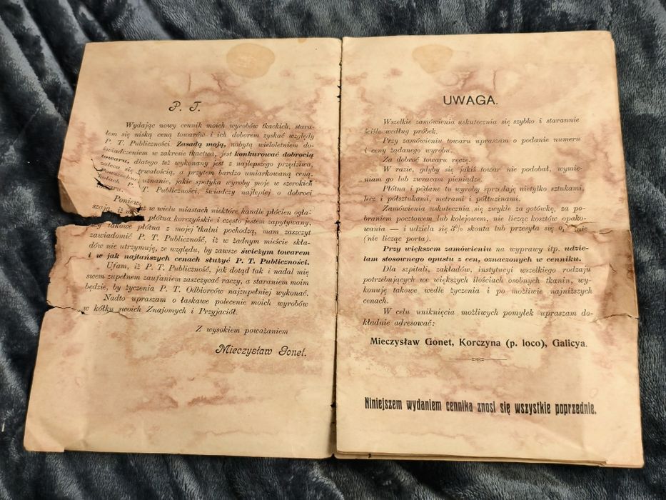 Cennik towarów tkackich z 1912