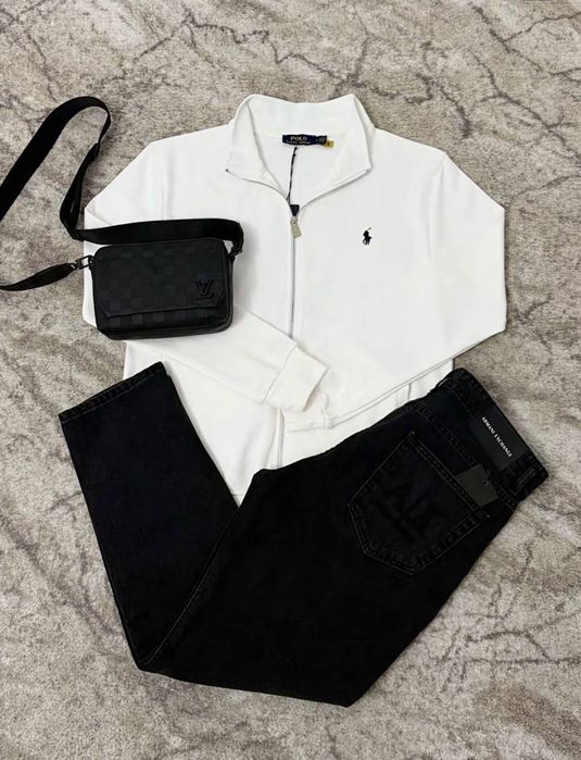 Чоловічий сет на осінь джинси armani, чоловічі джинси армани, зипка поло, кофта poli ralph lauren