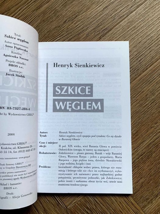 Szkice węglem – Henryk Sienkiewicz Greg lektura z opracowaniem st. BDB
