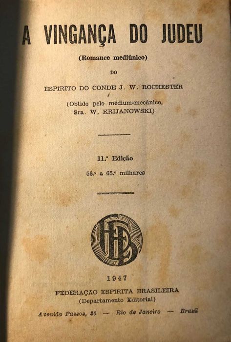 Livro "A Vingança do Judeu" - J. W. Rochester  1947  11ª ed.