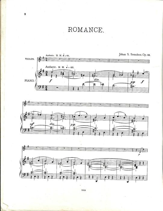 SVENDSEN - Romance op.26 para Violino e Piano - Partitura Histórica - Edição Augener's - Carimbo Sassetti