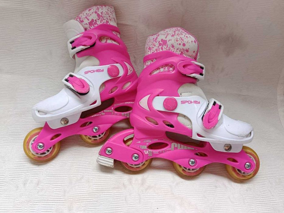 Роликові коньки / ковзани (30-34). Біло-рожеві. Гальма цілі, стан ТОП