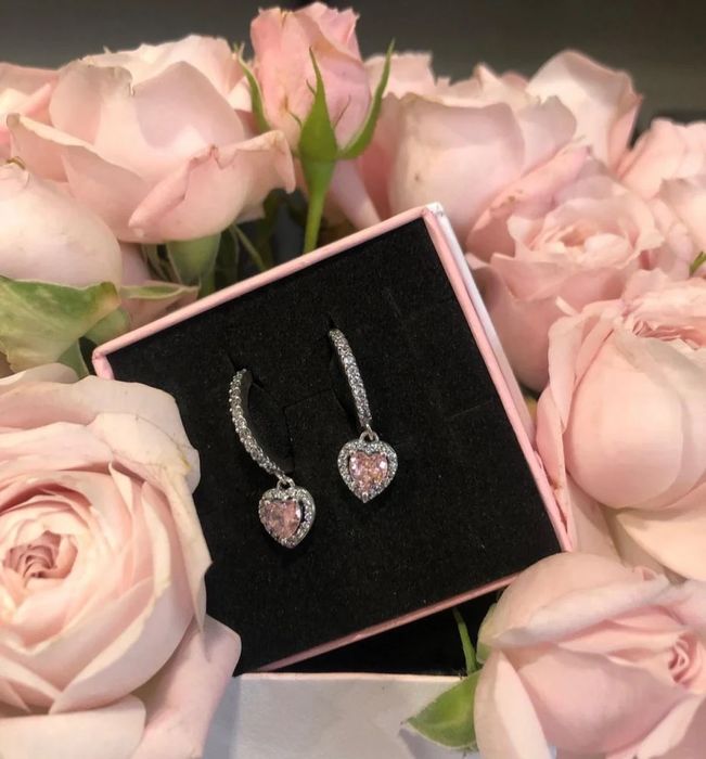 Срібні сережки Pandora оригінал Рожеве Серце з блискучим ореолом