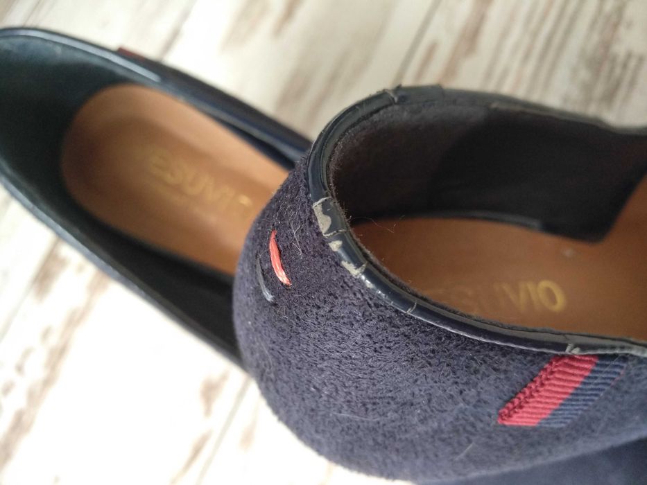 McArthur buty półbuty eleganckie granatowe na obcasie klocku zamszowe