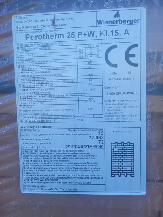 Pustak ceramiczny Porotherm 25 P+W Wienerberger klasa 15