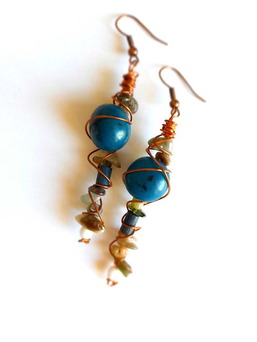 Brincos Boho Naturalistas - Artesanato Único - Cobre e Pedras Naturais