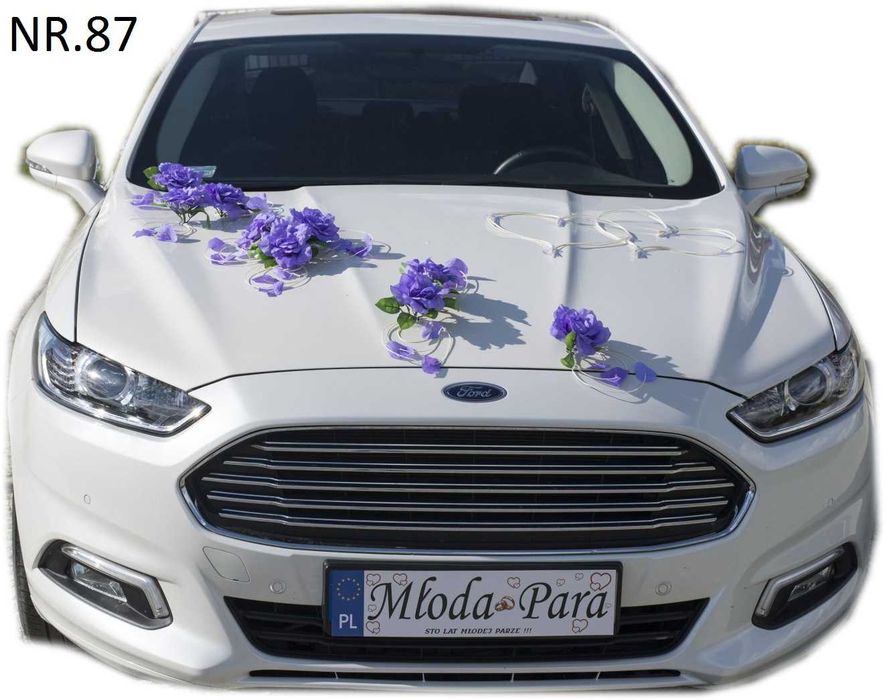 FIOLETOWA dekoracja na samochód Ozdoby na auto do ślubu 087