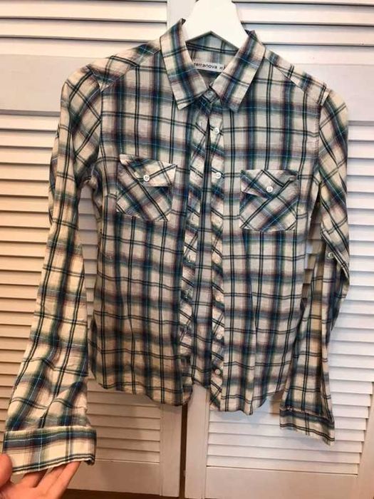 Koszula w kratę Terranova xs beżowo niebiesko srebrna taliowana