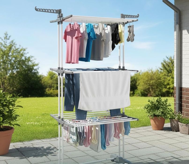 Novo - Estendal vertical dobrável de pé 30 m 3 níveis com rodas