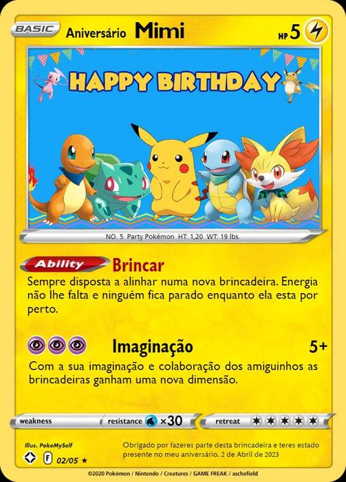 Cartas Pokémon de aniversário customizadas - 5 cartas