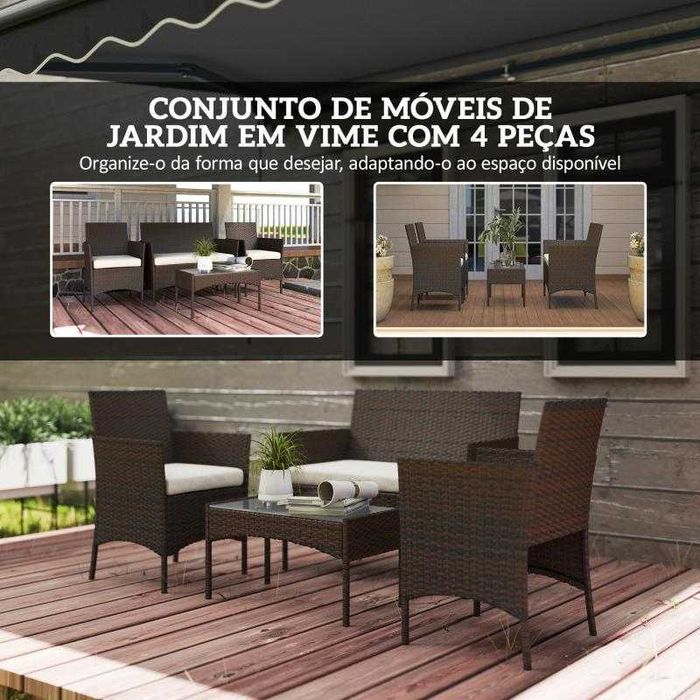 Conjunto de Jardim em Vime com Almofadas – 4 Peças