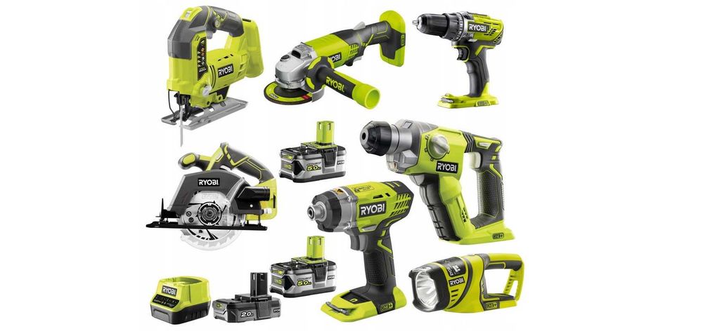 ZESTAW XXL narzędzi RYOBI 11 Elementów Młot Wiertarka Piła Szlifierka