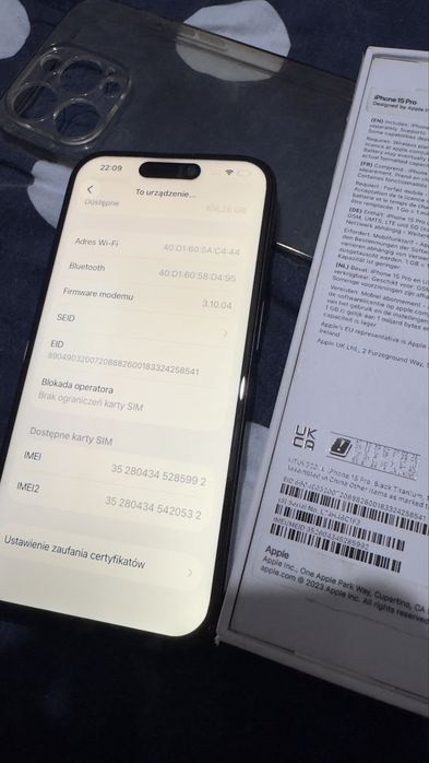 Apple Iphone 15 Pro Black Titanium 100% kondycji baterii, 128GB