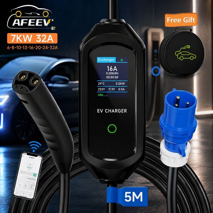 Зарядний пристрій AFYEEV для Tesla NACS 7 кВт 32А Wi-Fi кабель 5м EV Charger регулювання 6–32A LCD дисплей CEE Blue 230V