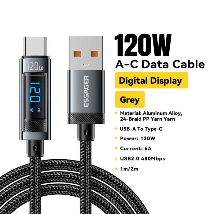 Кабель для Швидкої зарядки Essager 120W (USB - Type C) 1м з Дисплеєм. Для зарядки телефонів Супер Швидкою зарядкою 120W-33W від Xiaomi, Redmi, POCO