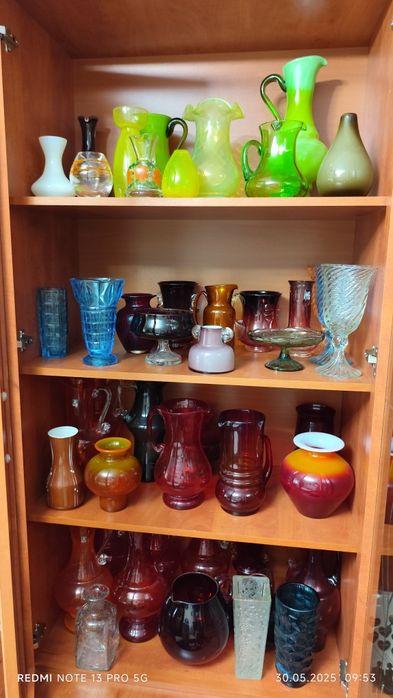 Szkło Kolorowe PRL-u Wazony Patery Owocarki Kryształy