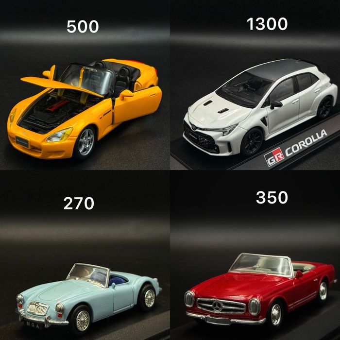 1:43 Mercedes 280SL, MGA, 1:30 Toyota Corolla GR, 1:24 Honda S2000. Maisto, New Ray