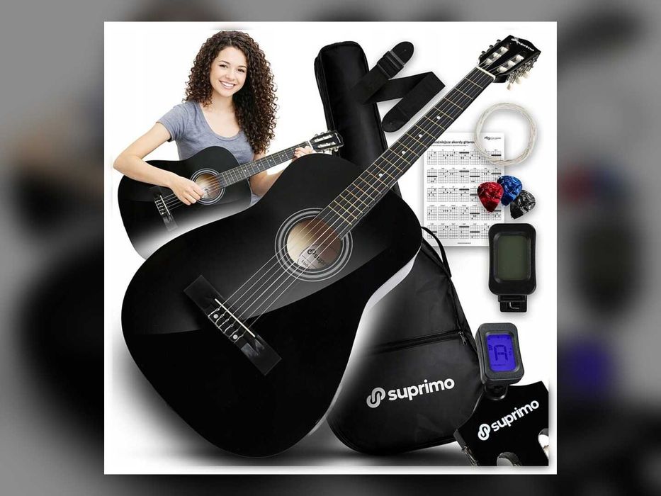 NOWA Gitara Klasyczna 4/4 Do Nauki Zestaw Pokrowiec Stroik Struny Kostki Pasek Dla Początkujących