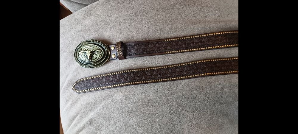 125 cm brązowy pasek z klamrą byk longhorn western  Kowbojski