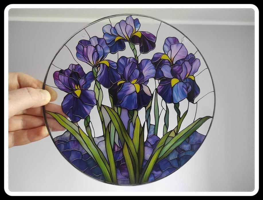 Nowy witraż witrażyk dekoracja okienna kwiaty irysy
