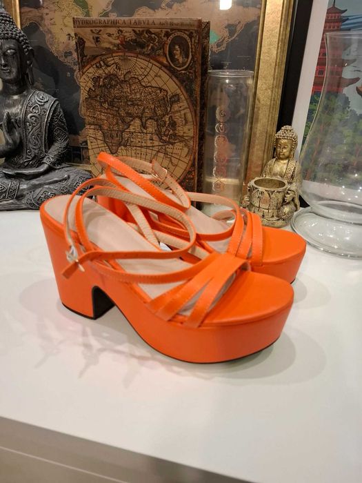 letnie na lato pomarańczowe sandały buty na obcasie eco skóra sztuczna skóra neonowe na platformie obcasy szpilki imprezowe na impreze vintage retro