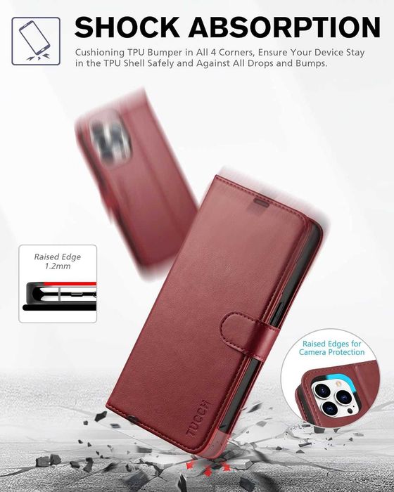 TUCCH iPhone 14 Pro etui skórzane magnetyczne Portfel RFID  czerowne