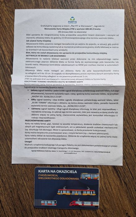 Warszawska Karta Miejska - na okaziciela - bilet 90-dniowy - 1 i 2 strefa