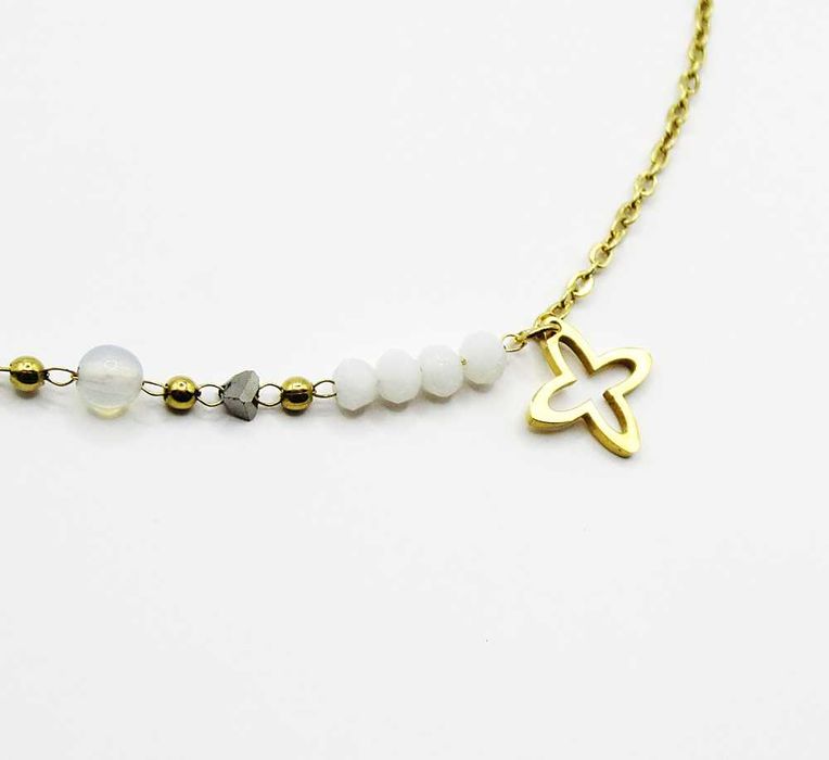 Bransoletka stal chirurgiczna damska na nogę kostkę koralik białe BN92