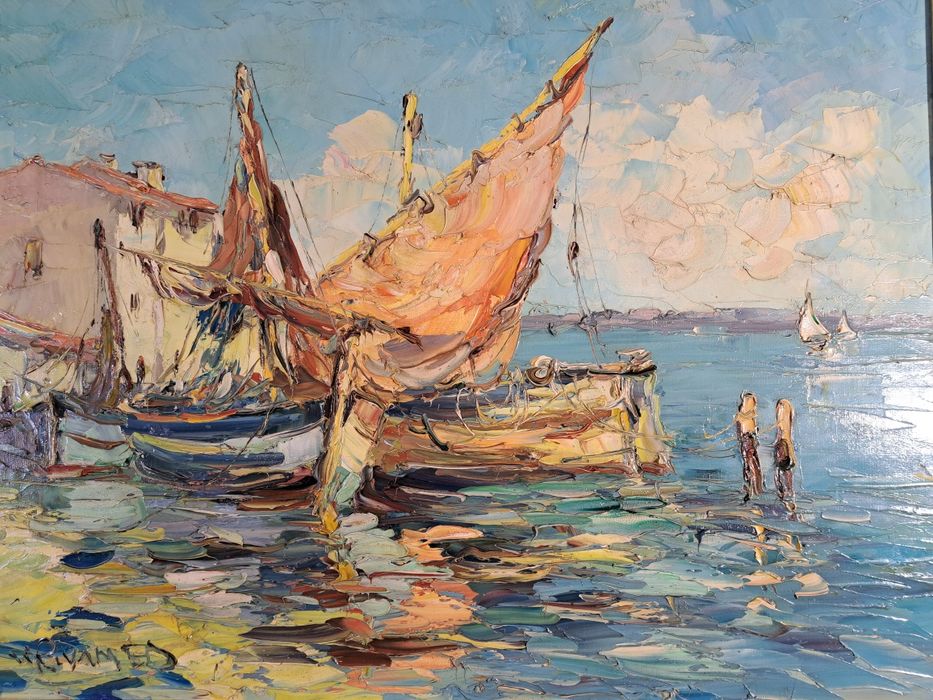 "Scena portowa z żaglówkami" Walter Prescher van Ed. Olej na płótnie