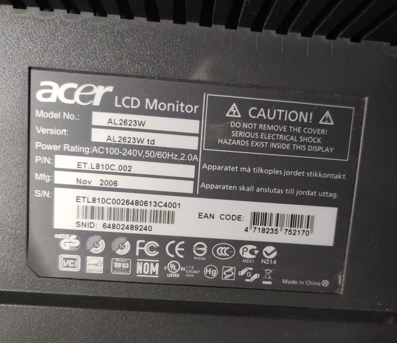 Монітор ACER 26"Full Hd +TV