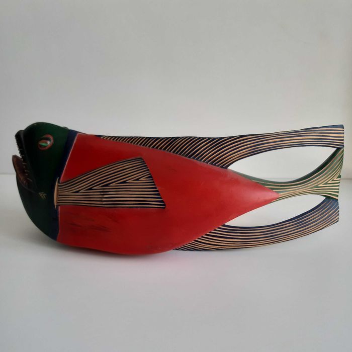 Escultura Madeira Arte Africana Angola Peixe Colorido 40cm