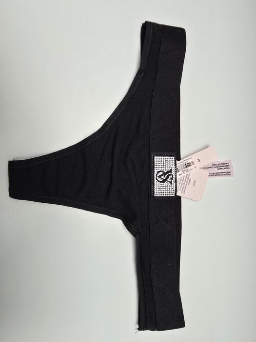 Czarne stringi Victoria's Secret S blyszczace logo nowe
