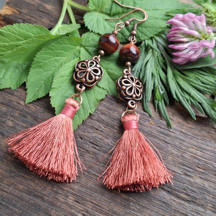 Kolczyki miedź, bawole oko, chwosty boho