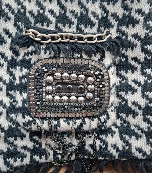 Marynarka wełniana kratka S 36 w pepitkę czarno biała boho vintage