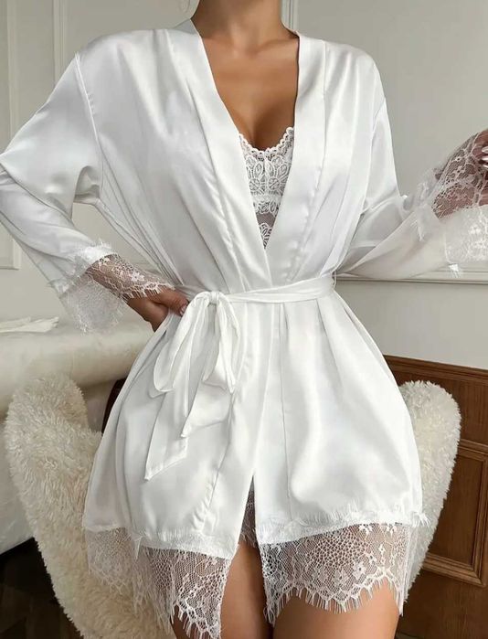 Шовковий халат для дому та мереживний топ з шортиками 42/44/46/48/50