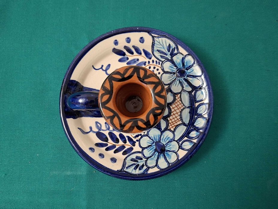 Castiçal artesanal em barro pintado à mão, vintage