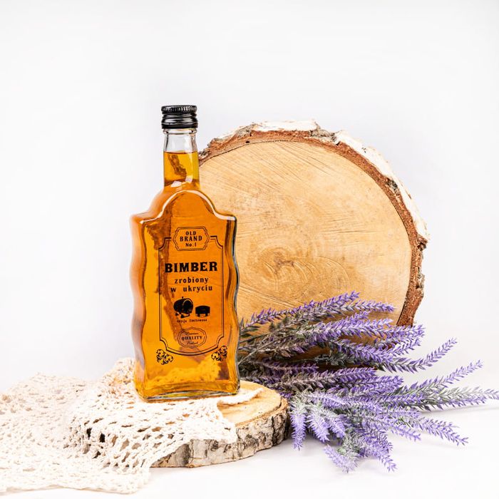 50x butelka FALA 500 ml z nadrukiem BECZKA z zakrętką na bimber wesele