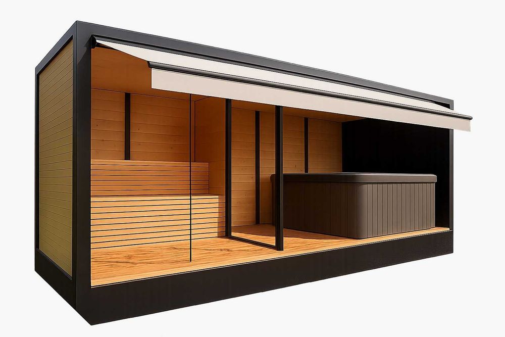 Sauna jacuzzi piec na drewno zestaw wellnes SPA taras balia domek
