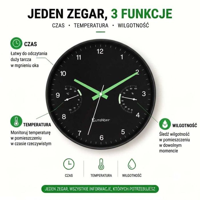 Nowoczesny Cichy Zegar Ścienny 30 cm z Termometrem i Higrometrem Czarny