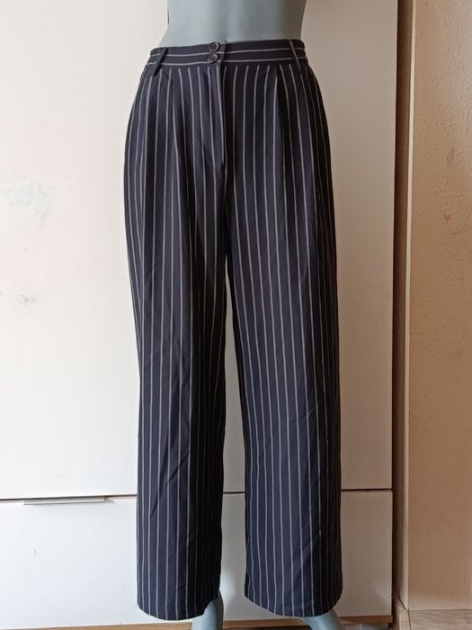 BERSHKA eleganckie spodnie palazzo S granatowe w paski szerokie nogawki wysoki stan