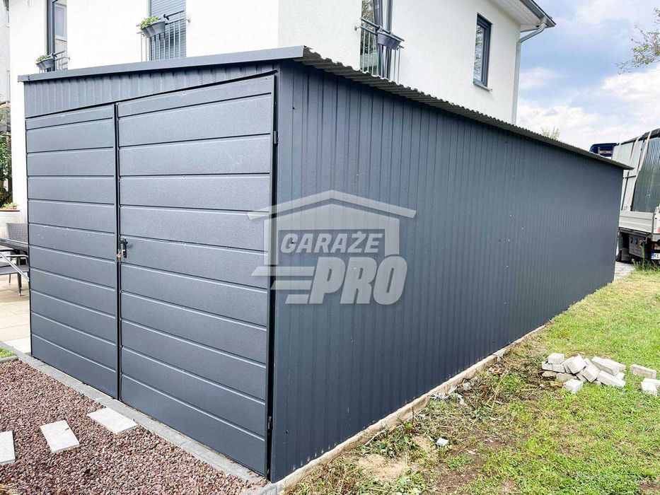 Garaż blaszany 3x9 2x Brama uchylna + antracyt  spad w bok GP191