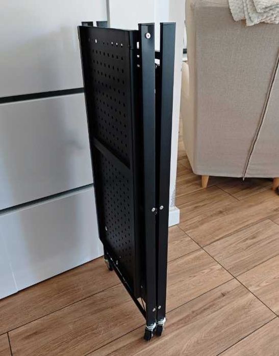SKŁADANY REGAŁ METALOWY NA KÓŁKACH czarny model 88 x 73 x 37,5 cm z trzema półkami po 40 kg do garażu, kuchni i biura
