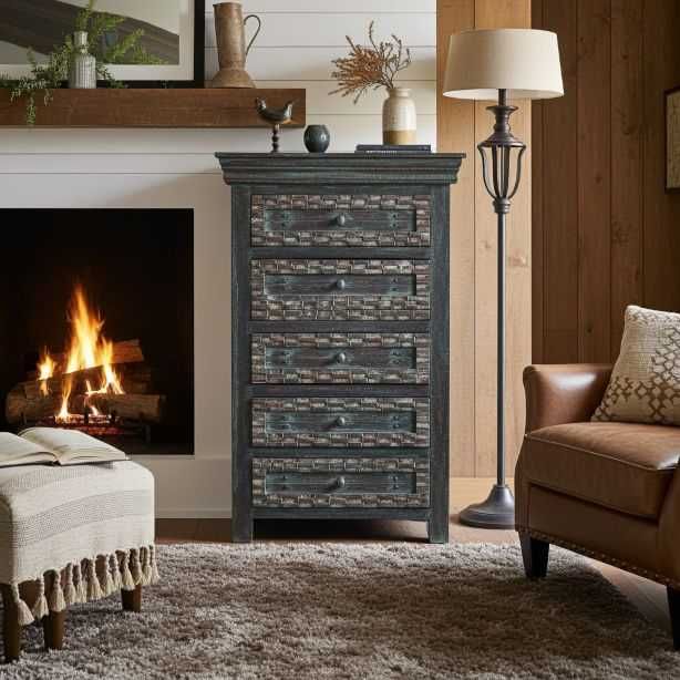 komoda indyjska z szufladami, bieliźniarka z drewna mango niebieska .