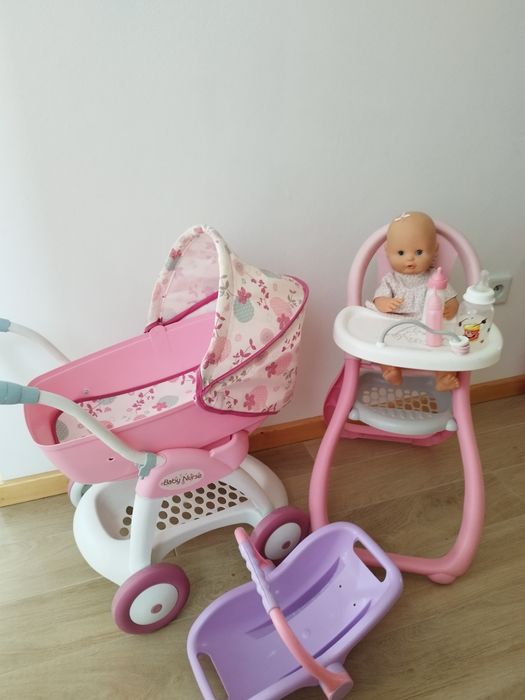 Zestaw wózek dla lalek krzesełko do karmienia nosidełko lalka Smoby dl
